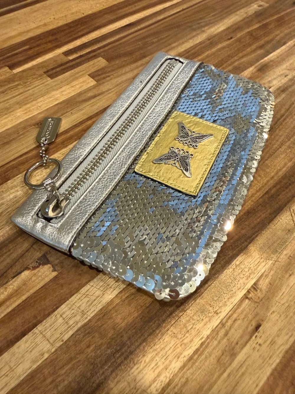 Coach Poppy Silver Sequin XL Spotlight Wristlet – Upcycled Art Piece 🦋✨